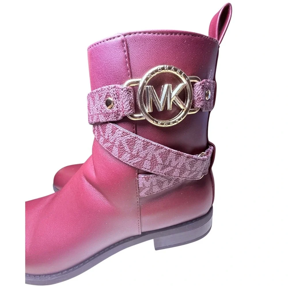 Michael Kors Womens Ankle Boots Burgundy MK Logo Straps Gold Hardware 6.5M SI22F